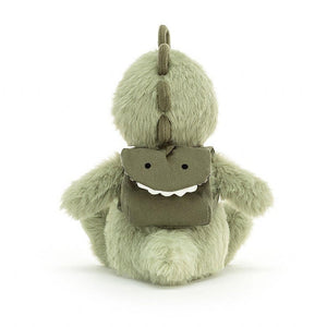 Jellycat Backpackers Dino children’s soft toy from behind showing his dinosaur backpack