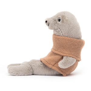 From the side Jellycat Cozy Crew Seal children’s soft toy. 
