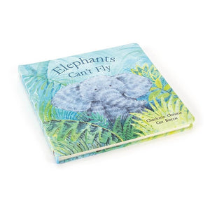 Side view of the Jellycat Elephants Can’t Fly children’s hardback book with a picture of Elly on the front. 
