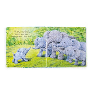 Inside the Jellycat Elephants Can’t Fly Childrens’s Book showing a baby elephant called Elly in front of a herd of older elephants.