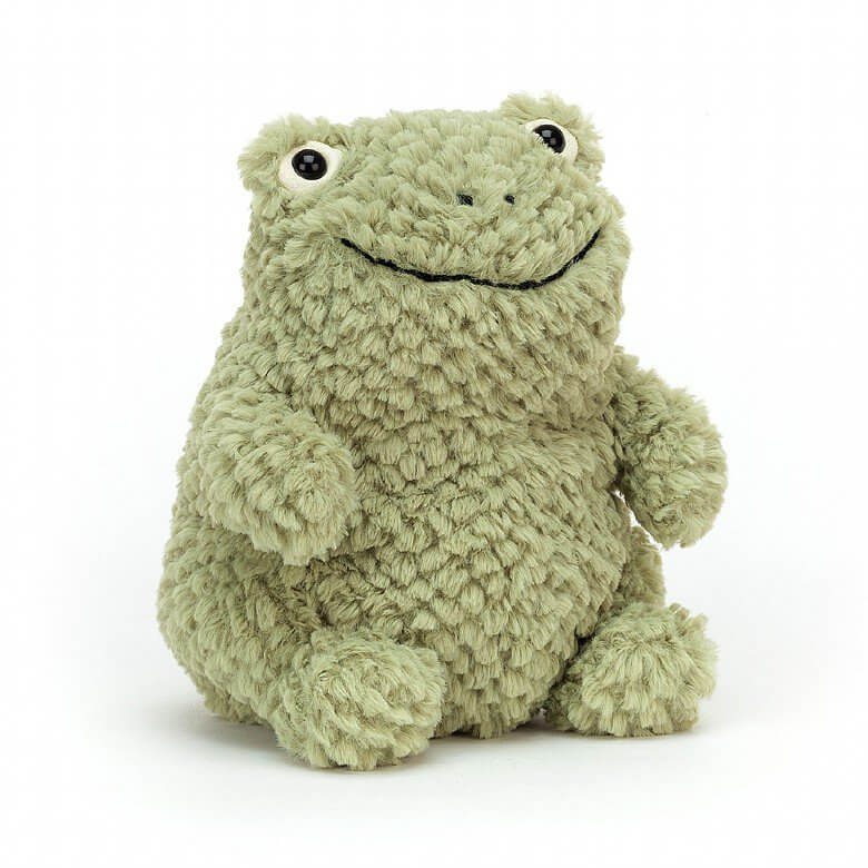 Jellycat Flumpie Frog children’s soft toy covered in soft green fur with a great big smile and little froggy arms and legs. 