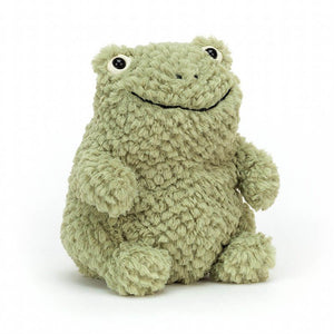 Jellycat Flumpie Frog children’s soft toy covered in soft green fur with a great big smile and little froggy arms and legs. 