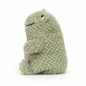 Side view of the Jellycat Frumpie Frog children’s soft toy. He is covered in soft bobbled green fur.