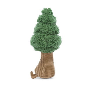 From the side Jellycat Forestree Pine children’s soft toy tree with its legs stretched out in front