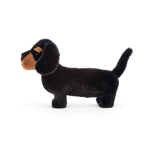 From the side Jellycat Freddie Sausage Dog Small children’s soft toy. 