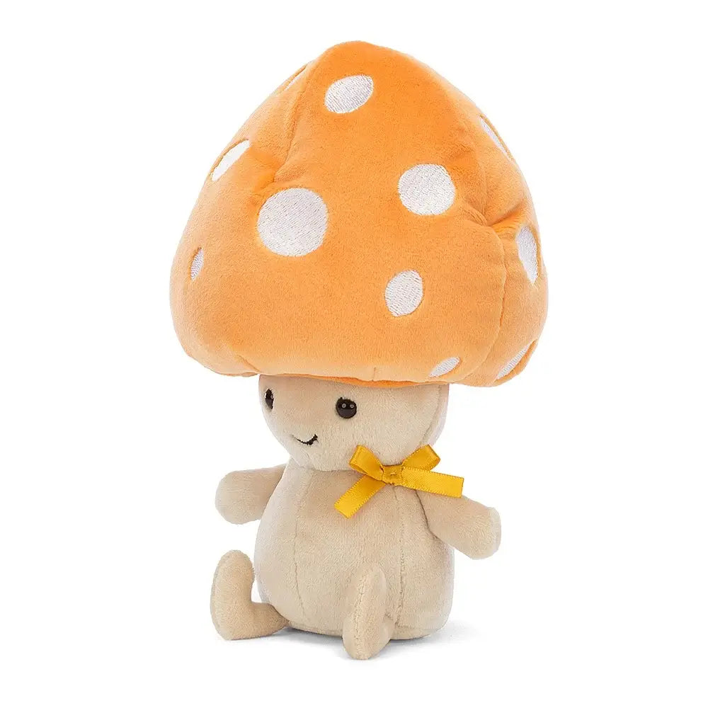 Jellycat Fun-Guy Ozzie mushroom children’s soft toy has a tiny, squishy body and wears a great big orange spotted mushroom top hat. 