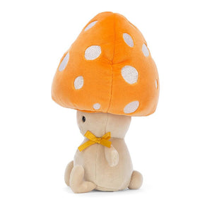 From the side Jellycat Fun-Guy Ozzie, mushroom children’s soft toy sits with its tiny little legs out in front. 