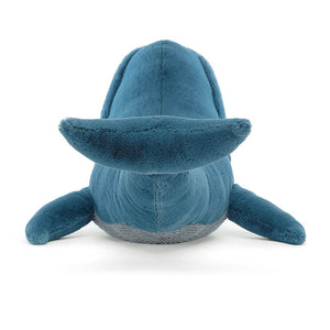 From behind Jellycat Gilbert The Great Blue Whale showing its tale and flippers.