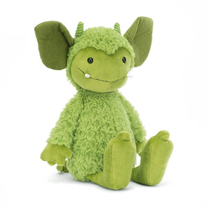 Jellycat Grizzo Gremlin children’s soft toy is covered in bright green, soft fur. He has horns on the top of his head, great big ears and a cute curly tail behind. 