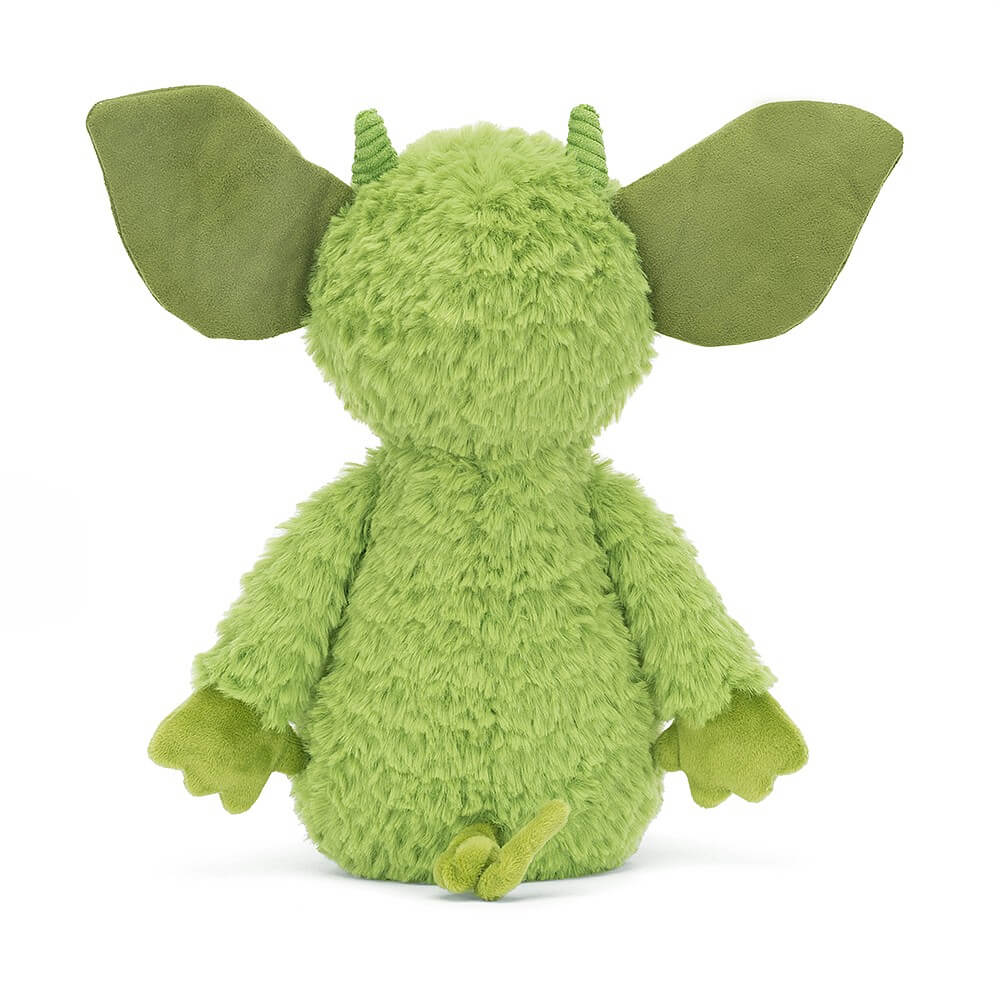 From behind Jellycat Grizzo Gremlin showing his cute little curly tail. 