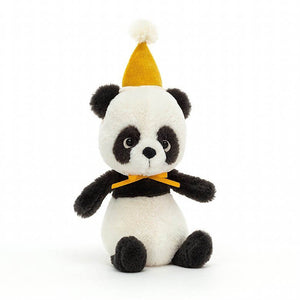 Jellycat Jollipop Panda children’s soft toy wears a yellow party hat and matching neck tie. 