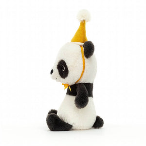 Jellycat Jollipop Panda children’s soft tie from the side. His yellow part hat is held by a string that ties at the base of his neck. His soft legs sit in front and fluffy tail at the back.