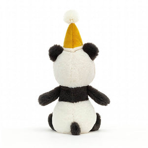 Jellycat Jollipop Panda from the back. He has a yellow party hat with a pompom at the top and a black fluffy tail. 
