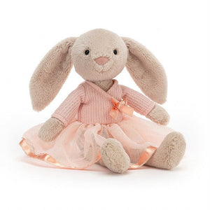 Jellycat bunny rabbit soft children's toy wearing a pink ballerina dress.