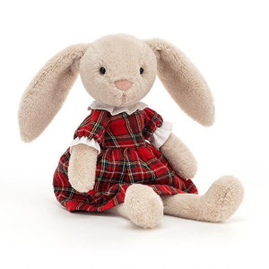 Jellycat Lottie Bunny children’s soft toy wearing a red tartan dress.