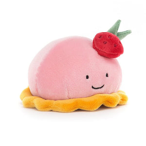 Jellycat childrens soft toy in the shape of a pastry. It is bright pink with a strawberry topping. 