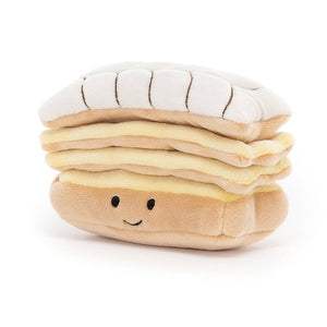 Jellycat pastry soft toy for children. The Patisserie Mill Feullie a novelty children’s toy with layers of wafer and vanilla cream. 