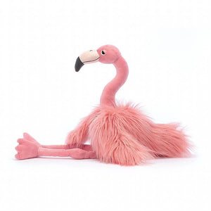 Side view of the Rosario Pink Flamingo soft toy from Jellycat.