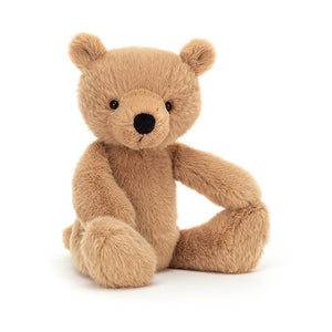 Jellycat Rufus Bear is a caramel coloured teddy bear. He is covered in soft fur and has a black nose and eyes. 