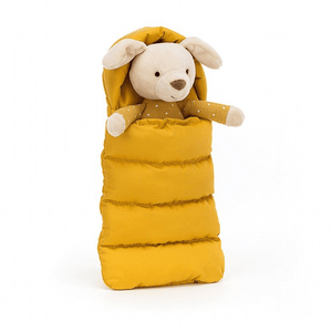 Jellycat Snugglers Puppy zipped up inside his yellow sleeping bag.