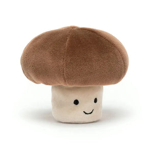 Jellycat Vivacious Vegetable Mushroom children’s soft toy wears a big brown cap and has a great big smile on his stocky body. 