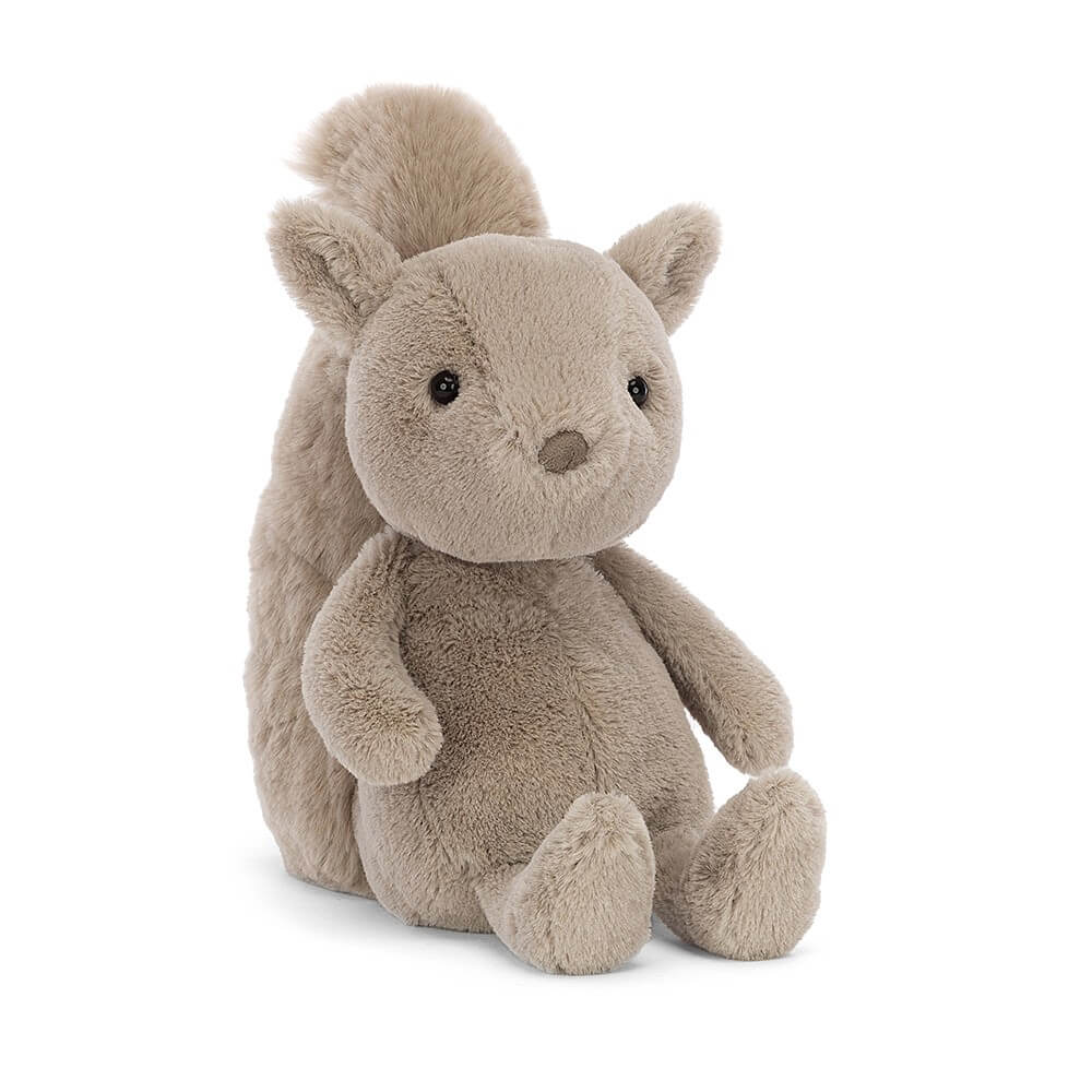 Jellycat Willow Squirrel children’s soft toy is covered in soft grey fur and has a suede nose. This cheeky squirrel has a long bushy tail. 