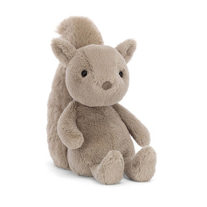 Jellycat Willow Squirrel children’s soft toy is covered in soft grey fur and has a suede nose. This cheeky squirrel has a long bushy tail. 