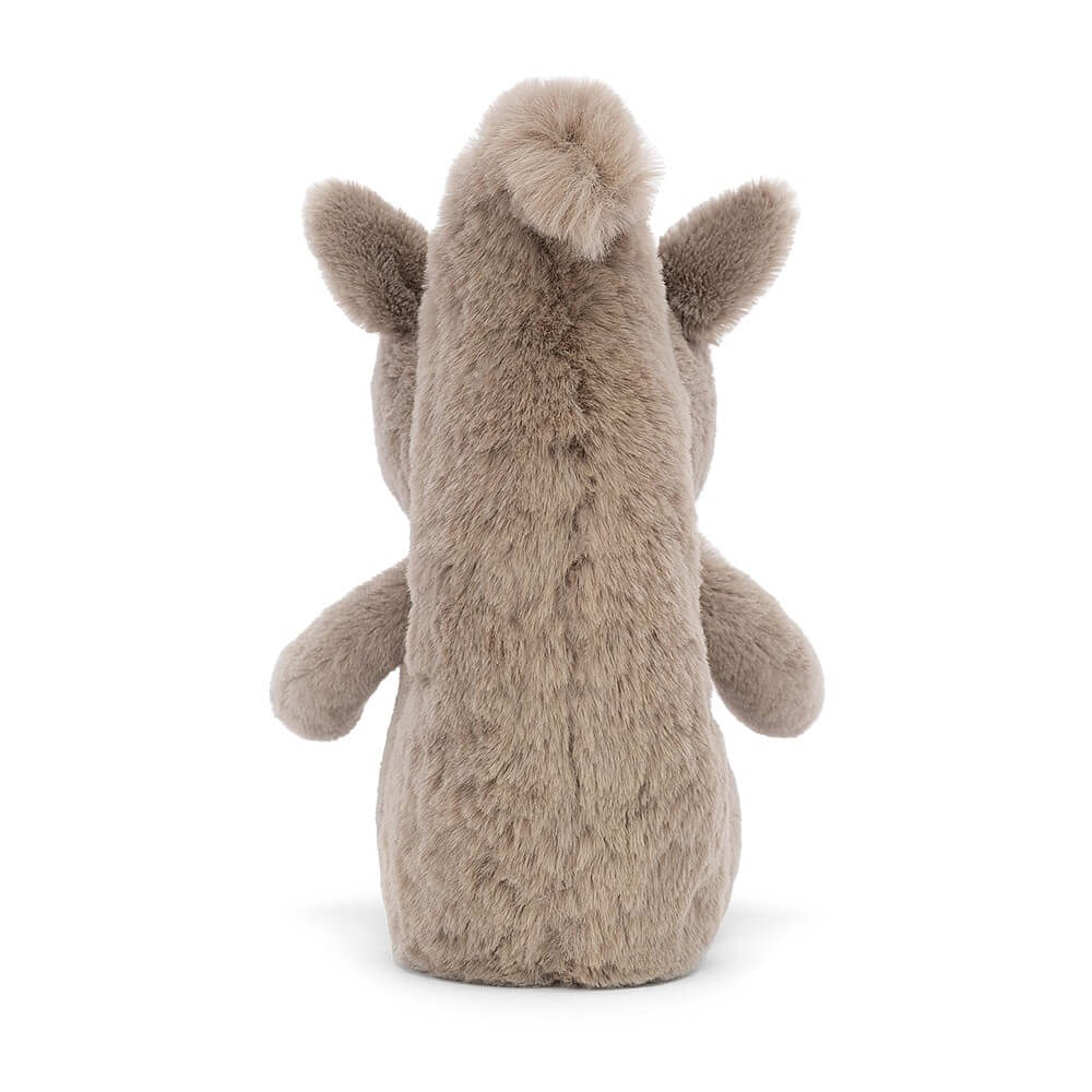 From behind, Jellycat Willow Squirrel children’s soft toy showing its long bushy tail. 