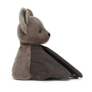 From the side Jellycat Wrapabat Brown children’s soft toy bat.