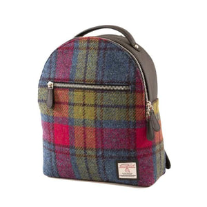 Maccessori Harris tweed backpack with a multi colour check tartan pattern, against a white background.