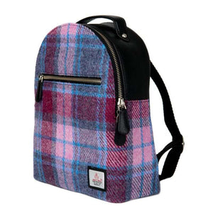 Maccessori Harris Tweed backpack with a blue and pink check tartan pattern against a white background.