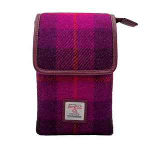 Harris Tweed mini crossbody shoulder bag in a pink and purple check tartan design. 