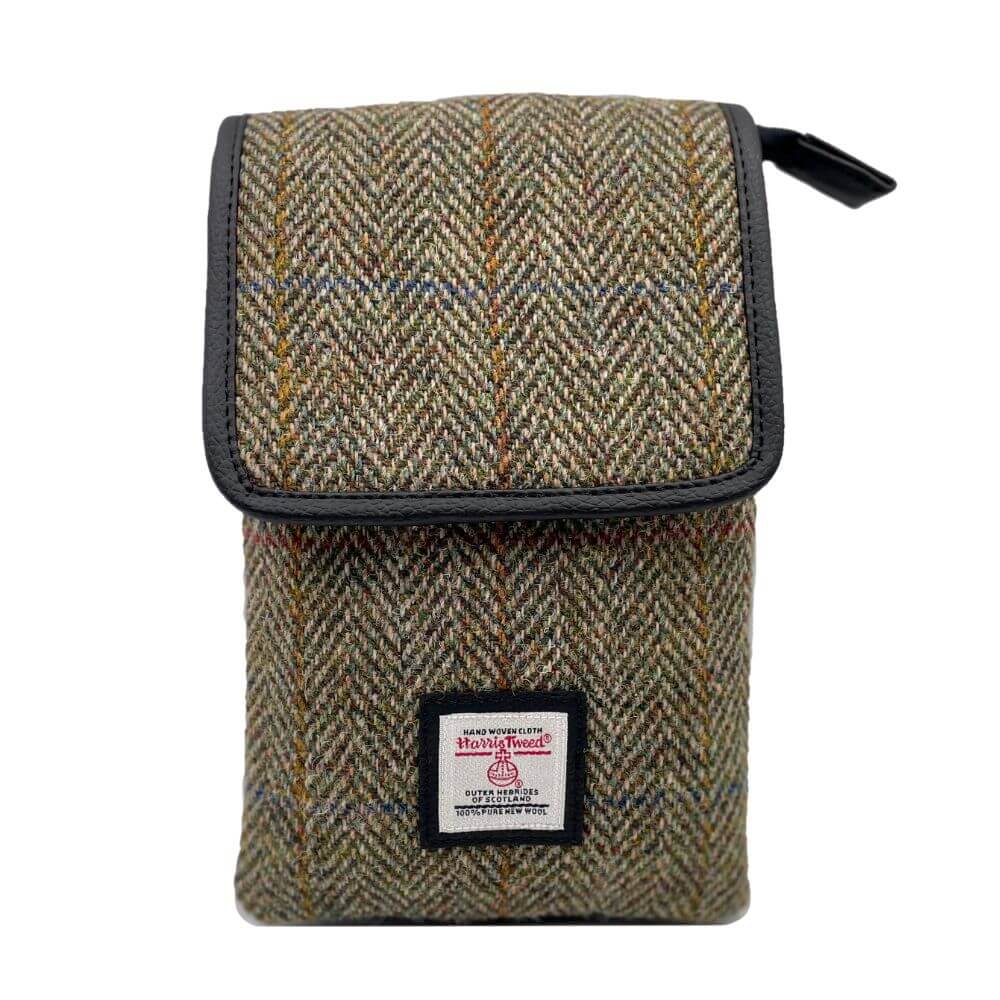 Harris Tweed mini crossbody shoulder bag in a green and brown herringbone design. 