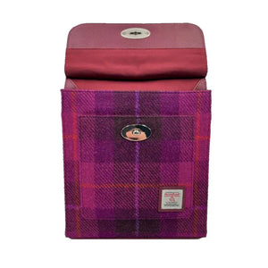 A pink and purple Maccessori Harris Tweed Shoulder Satchel bag with the top flap open revealing the external pocket and magnetic closer.