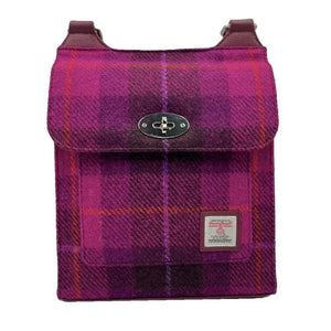 Pink and Purple tartan Maccessori Harris Tweed Satchel Bag against a white background. 