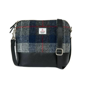 Maccessori Harris Tweed Square Shoulder Bag with a grey and blue tartan design. 