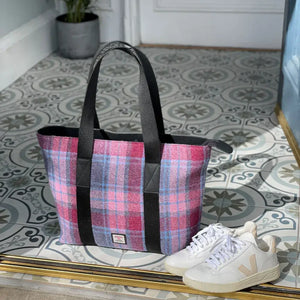 Pink and Blue Tartan Maccessori Harris Tweed Tote Shopper Bag outside in front of a doorway.