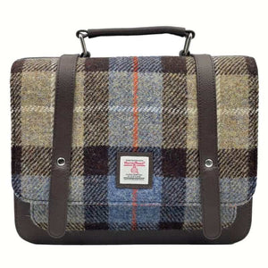 Harris tweed mini messenger bag satchel with brown and blue tartan pattern.