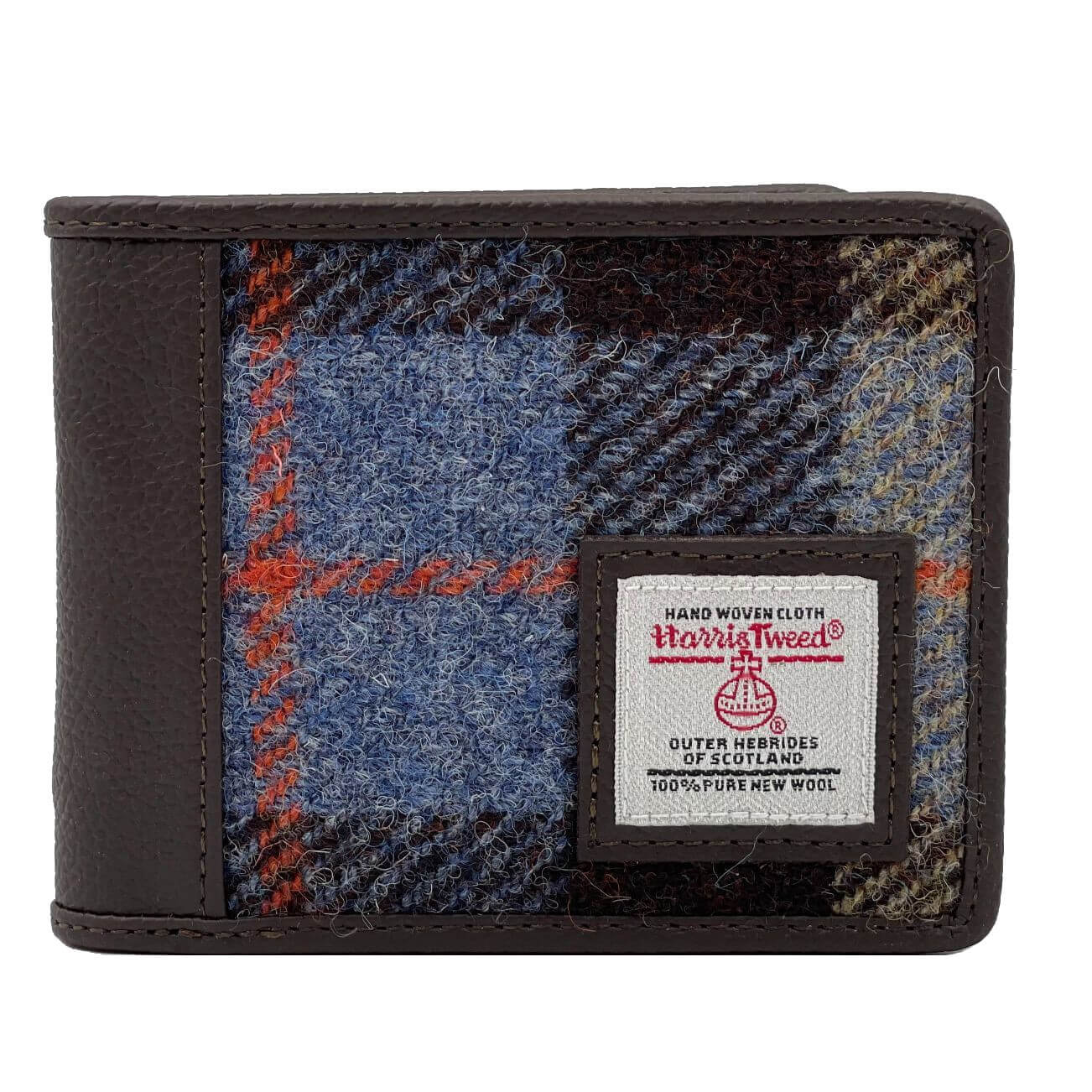 Mens Harris Tweed Wallet in a blue, grey and brown check tartan.