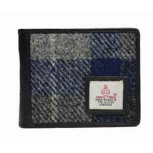 Harris Tweed Mens Wallet in a blue and grey check tartan pattern.