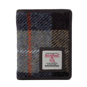 Mens Harris Tweed slim vertical wallet in a grey, blue and brown check tartan pattern.