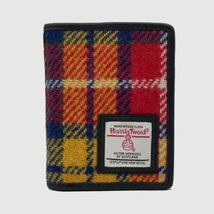 Mens Harris Tweed slim vertical wallet in a red, yellow and orange check tartan pattern.