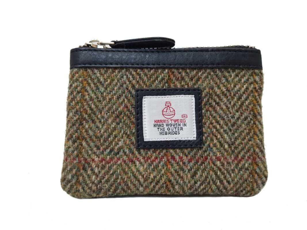 Harris tweed coin purse in a brown and green herringbone design.