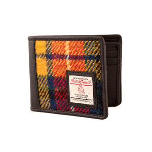 Mens Harris Tweed Wallet in a multicoloured tartan of yellow, orange and blue check.