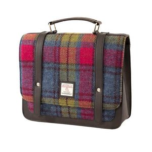 Harris tweed mini messenger bag satchel in a pink, blue and green tartan fabric.