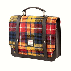 Harris tweed mini messenger bag satchel in a red, yellow, blue and orange tartan pattern. This has a top handle and shoulder strap.