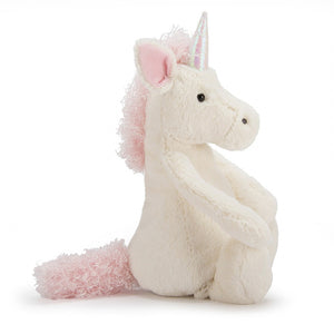 Jellycat bashful unicorn soft toy from the side