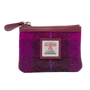 Maccessori Harris Tweed coin purse in a purple and plum check design.